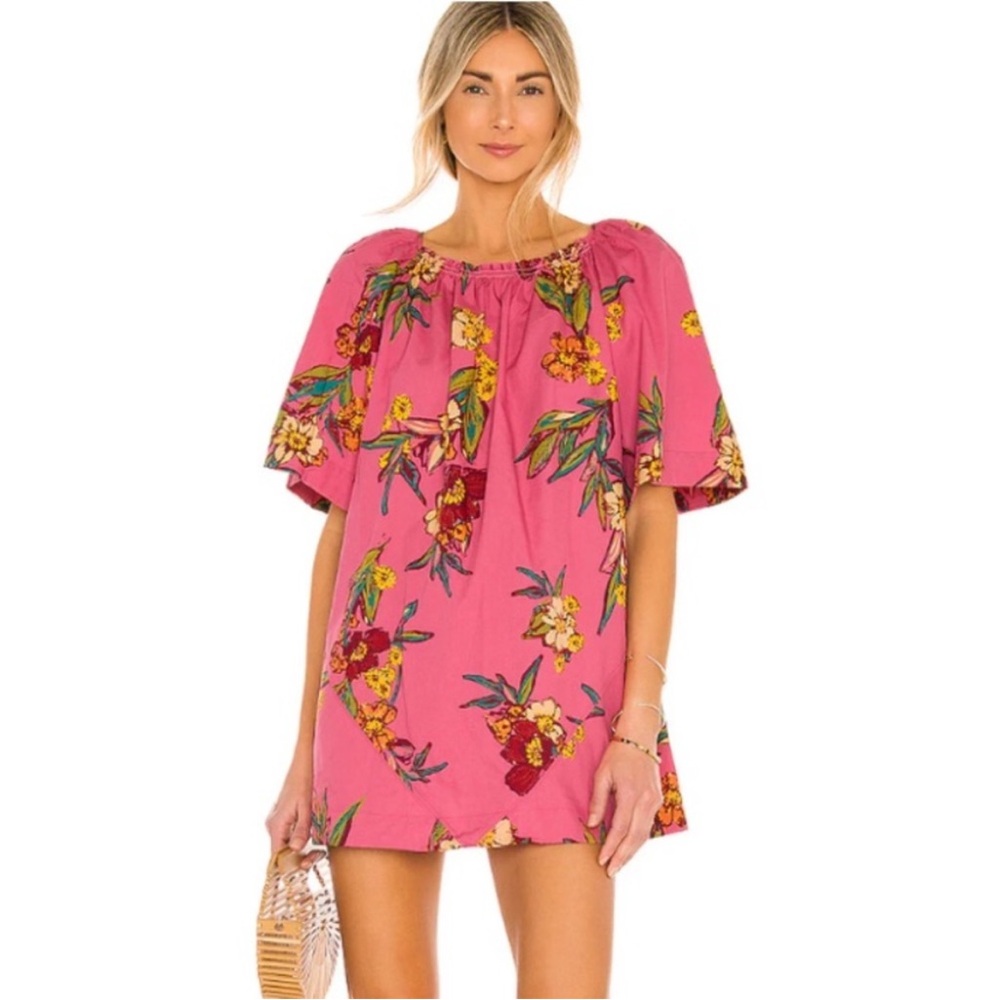 Free People Tunic Dress Women’s Large Pink Colorful Floral Boho Mini Peasant - Picture 1 of 10